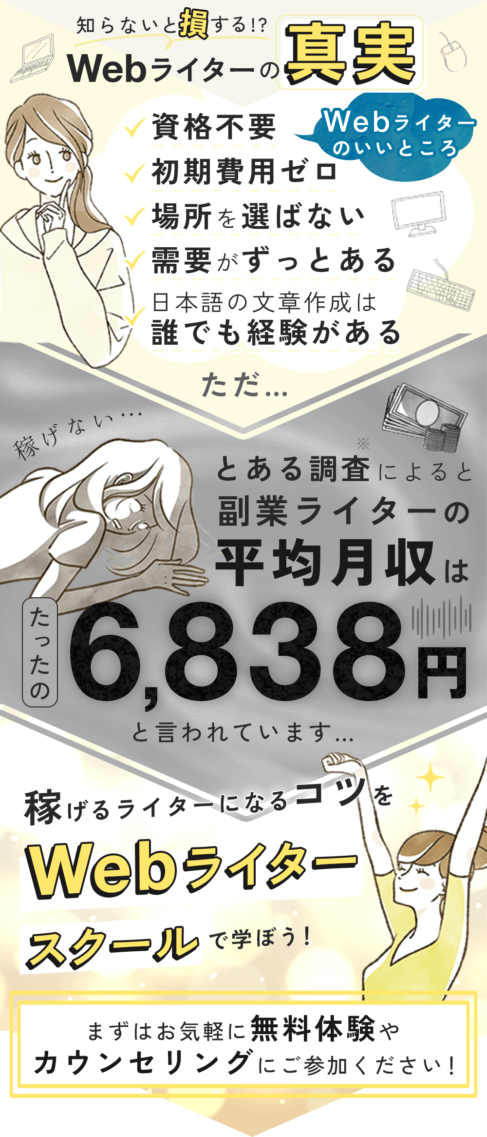 副業ライターの平均月収はたったの6,838円と言われています。稼げるWebライターになるためにはスクールに通いましょう。まずは気軽に無料体験やカウンセリングに参加してください！